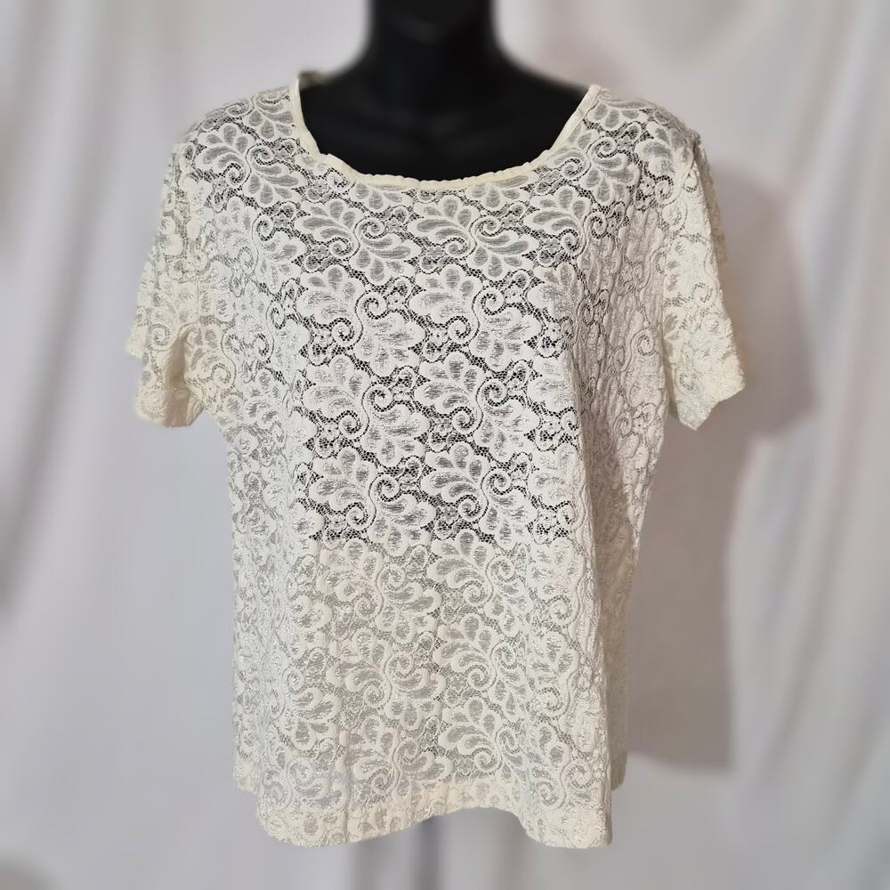 VTG Sheer Floral Lace Coquette Top Cream White Short Sleeve Blouse Plus XL 2X